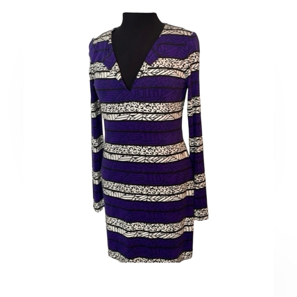 Diane von Furstenberg DVF Reina Arrow Bands Purple and Black Tunic Dress